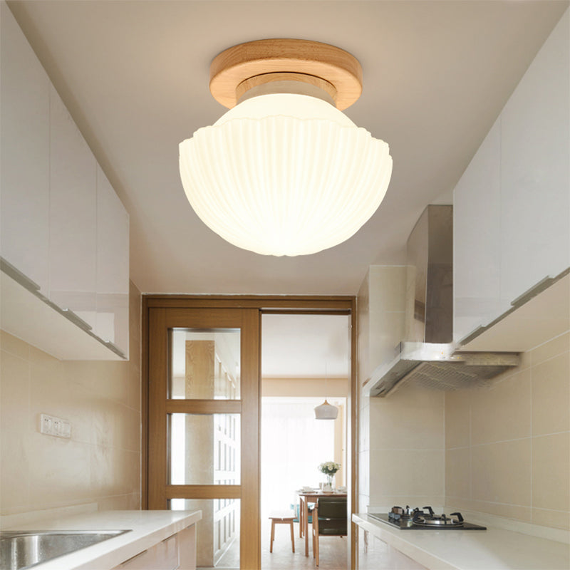 Shaded Entryway Flush Mount Lighting White Glass Nordic LED Flush Ceiling Light Fixture with Wooden Canopy Clearhalo 'Ceiling Lights' 'Close To Ceiling Lights' 'Close to ceiling' 'Flush mount' Lighting' 2235898