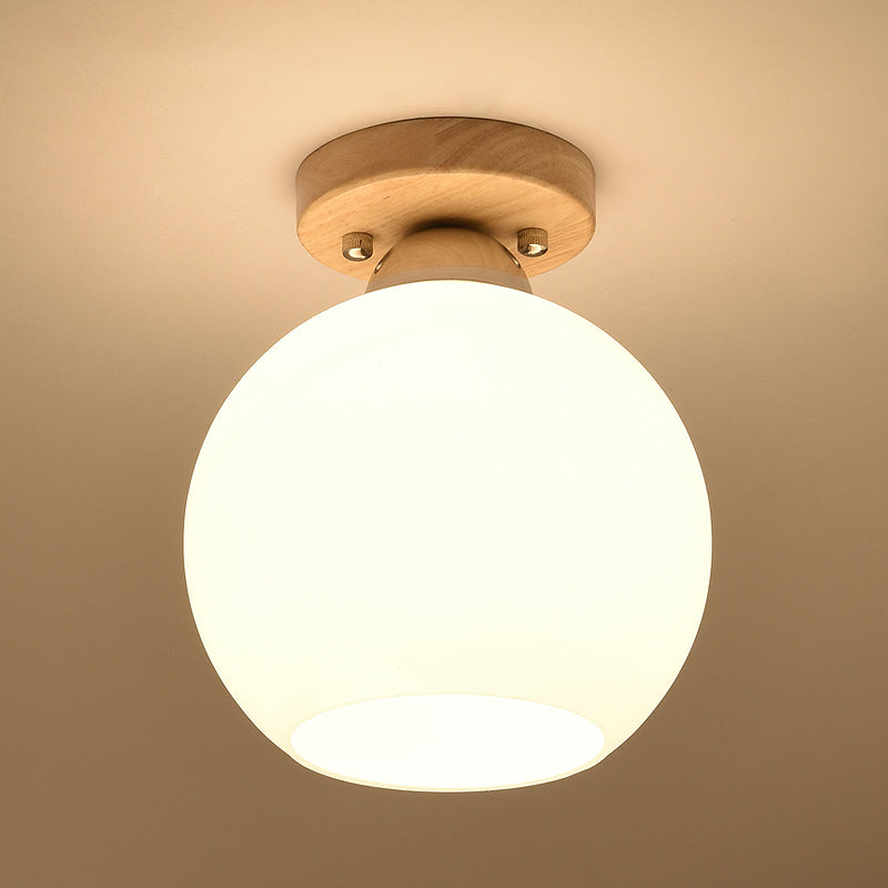 Shaded Entryway Flush Mount Lighting White Glass Nordic LED Flush Ceiling Light Fixture with Wooden Canopy White C Clearhalo 'Ceiling Lights' 'Close To Ceiling Lights' 'Close to ceiling' 'Flush mount' Lighting' 2235899