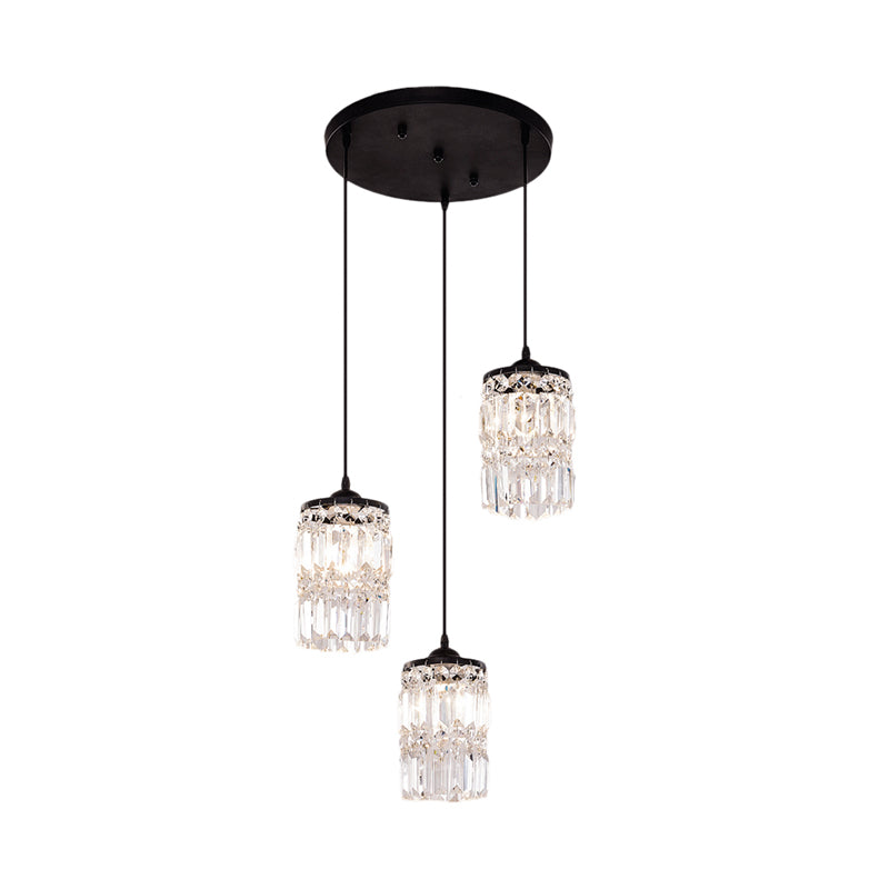 Cylinder Crystal Block Hanging Light Contemporary 3 Lights Black Cluster Pendant Light with Round/Linear Canopy Clearhalo 'Ceiling Lights' 'Modern Pendants' 'Modern' 'Pendant Lights' 'Pendants' Lighting' 223590