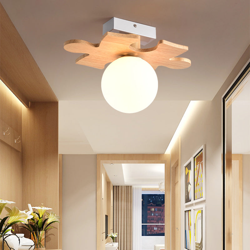 Shaded Entryway Flush Mount Lighting White Glass Nordic LED Flush Ceiling Light Fixture with Wooden Canopy Clearhalo 'Ceiling Lights' 'Close To Ceiling Lights' 'Close to ceiling' 'Flush mount' Lighting' 2235902
