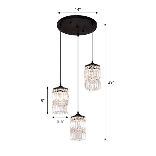 Cylinder Crystal Block Hanging Light Contemporary 3 Lights Black Cluster Pendant Light with Round/Linear Canopy Clearhalo 'Ceiling Lights' 'Modern Pendants' 'Modern' 'Pendant Lights' 'Pendants' Lighting' 223591