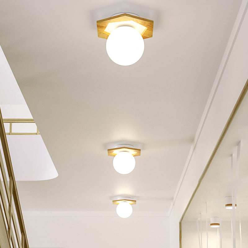 Modern Geometric Flush Mount Frosted White Glass 1-Light Corridor Flushmount Ceiling Light with Wooden Canopy Clearhalo 'Ceiling Lights' 'Close To Ceiling Lights' 'Close to ceiling' 'Flush mount' Lighting' 2235934