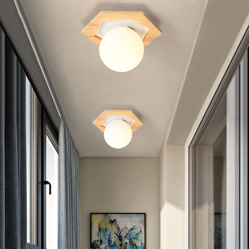 Modern Geometric Flush Mount Frosted White Glass 1-Light Corridor Flushmount Ceiling Light with Wooden Canopy White Hexagon Clearhalo 'Ceiling Lights' 'Close To Ceiling Lights' 'Close to ceiling' 'Flush mount' Lighting' 2235935