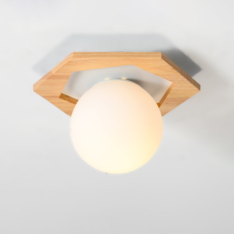 Modern Geometric Flush Mount Frosted White Glass 1-Light Corridor Flushmount Ceiling Light with Wooden Canopy Clearhalo 'Ceiling Lights' 'Close To Ceiling Lights' 'Close to ceiling' 'Flush mount' Lighting' 2235936