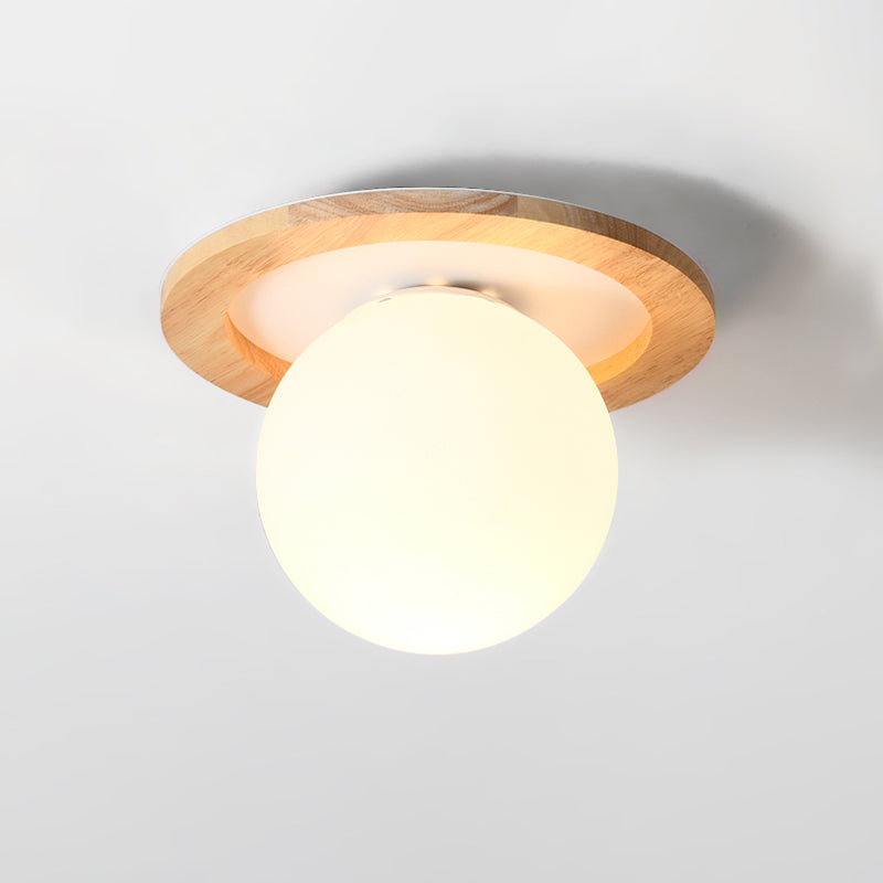 Modern Geometric Flush Mount Frosted White Glass 1-Light Corridor Flushmount Ceiling Light with Wooden Canopy Clearhalo 'Ceiling Lights' 'Close To Ceiling Lights' 'Close to ceiling' 'Flush mount' Lighting' 2235939
