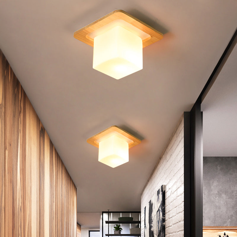 Modern Geometric Flush Mount Frosted White Glass 1-Light Corridor Flushmount Ceiling Light with Wooden Canopy White Square Plate Clearhalo 'Ceiling Lights' 'Close To Ceiling Lights' 'Close to ceiling' 'Flush mount' Lighting' 2235940