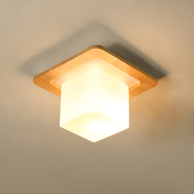 Modern Geometric Flush Mount Frosted White Glass 1-Light Corridor Flushmount Ceiling Light with Wooden Canopy Clearhalo 'Ceiling Lights' 'Close To Ceiling Lights' 'Close to ceiling' 'Flush mount' Lighting' 2235941