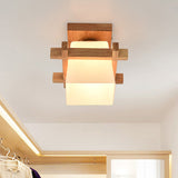 Square Flush Ceiling Light Japanese Wood Corridor Flush Mount Lighting with White Glass Shade Clearhalo 'Ceiling Lights' 'Close To Ceiling Lights' 'Close to ceiling' 'Flush mount' Lighting' 2235944
