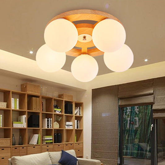 White Glass Globe Flush Mount Light Simplicity Flush Mount Ceiling Light with Wooden Canopy Clearhalo 'Ceiling Lights' 'Close To Ceiling Lights' 'Close to ceiling' 'Flush mount' Lighting' 2235947