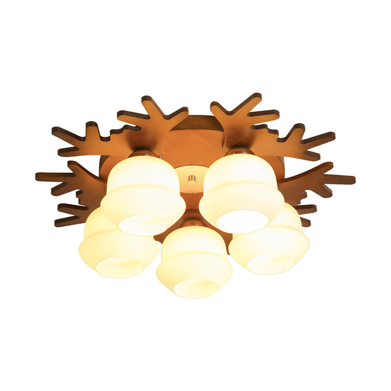 Antler Bedroom Flush Light Wood Nordic Style Flush Ceiling Light Fixture with White Glass Shade Clearhalo 'Ceiling Lights' 'Close To Ceiling Lights' 'Close to ceiling' 'Flush mount' Lighting' 2235960
