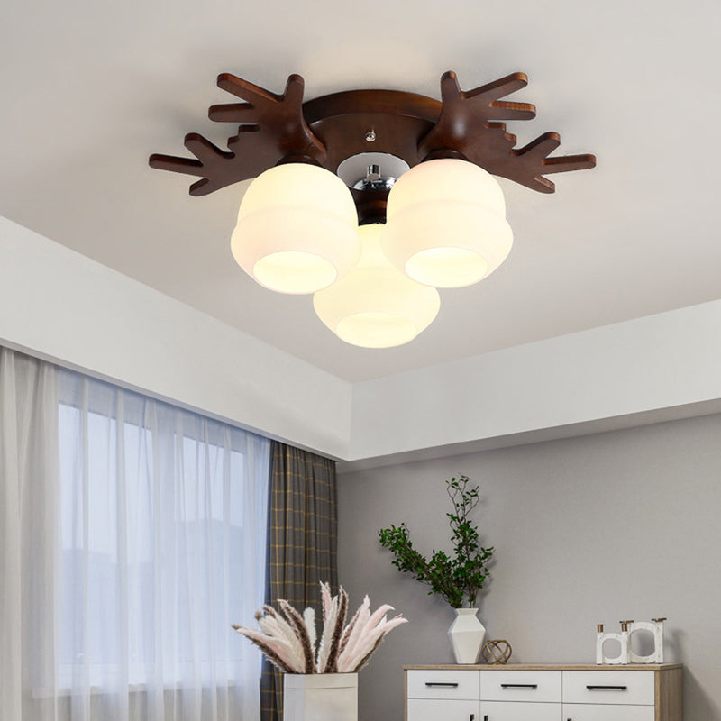 Antler Bedroom Flush Light Wood Nordic Style Flush Ceiling Light Fixture with White Glass Shade Clearhalo 'Ceiling Lights' 'Close To Ceiling Lights' 'Close to ceiling' 'Flush mount' Lighting' 2235962