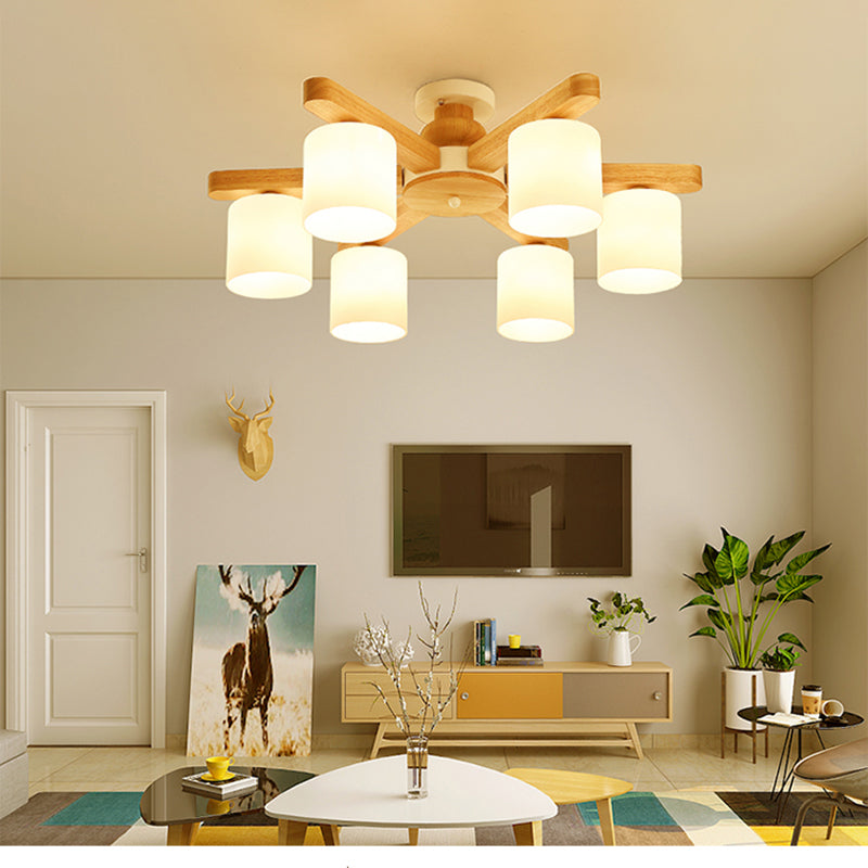Cylinder Semi Flush Japanese Cream Glass Living Room Ceiling Mount Chandelier in Wood 6 Wood Clearhalo 'Ceiling Lights' 'Close To Ceiling Lights' 'Close to ceiling' 'Semi-flushmount' Lighting' 2235969