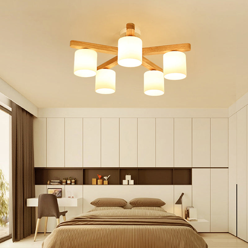 Cylinder Semi Flush Japanese Cream Glass Living Room Ceiling Mount Chandelier in Wood 5 Wood Clearhalo 'Ceiling Lights' 'Close To Ceiling Lights' 'Close to ceiling' 'Semi-flushmount' Lighting' 2235970