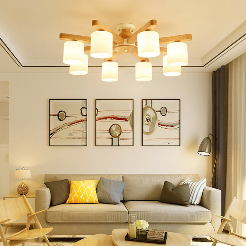Cylinder Semi Flush Japanese Cream Glass Living Room Ceiling Mount Chandelier in Wood 8 Wood Clearhalo 'Ceiling Lights' 'Close To Ceiling Lights' 'Close to ceiling' 'Semi-flushmount' Lighting' 2235972
