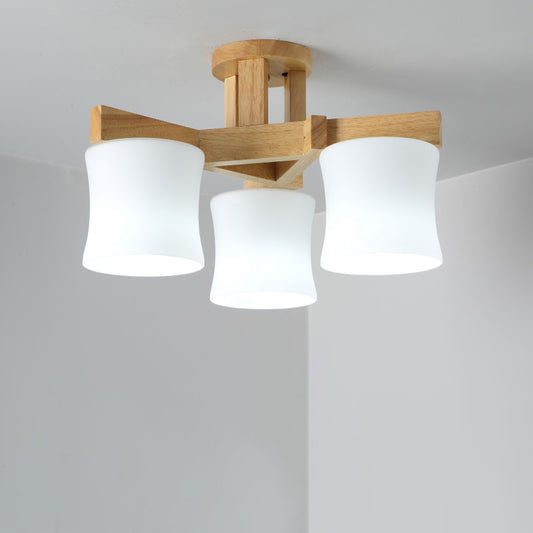 White Glass Shaded Semi Flush Mount Japanese Close To Ceiling Chandelier with Wooden Canopy 3 White Clearhalo 'Ceiling Lights' 'Close To Ceiling Lights' 'Close to ceiling' 'Glass shade' 'Glass' 'Semi-flushmount' Lighting' 2235976
