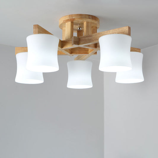 White Glass Shaded Semi Flush Mount Japanese Close To Ceiling Chandelier with Wooden Canopy 5 White Clearhalo 'Ceiling Lights' 'Close To Ceiling Lights' 'Close to ceiling' 'Glass shade' 'Glass' 'Semi-flushmount' Lighting' 2235977