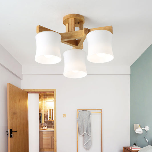 White Glass Shaded Semi Flush Mount Japanese Close To Ceiling Chandelier with Wooden Canopy Clearhalo 'Ceiling Lights' 'Close To Ceiling Lights' 'Close to ceiling' 'Glass shade' 'Glass' 'Semi-flushmount' Lighting' 2235982