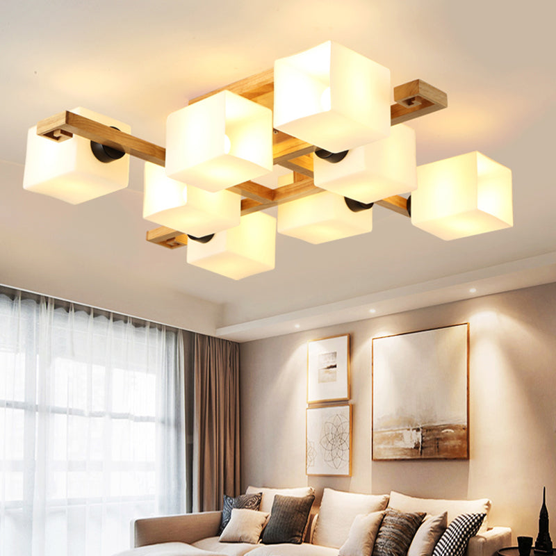 Nordic Style Rectangular Flush Mount Light White Glass Living Room Semi Flush Chandelier with Wood Canopy Clearhalo 'Ceiling Lights' 'Close To Ceiling Lights' 'Close to ceiling' 'Glass shade' 'Glass' 'Pendant Lights' 'Semi-flushmount' Lighting' 2235983
