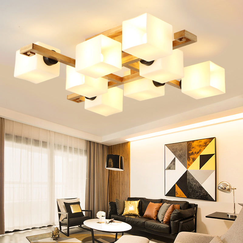Nordic Style Rectangular Flush Mount Light White Glass Living Room Semi Flush Chandelier with Wood Canopy 8 White Clearhalo 'Ceiling Lights' 'Close To Ceiling Lights' 'Close to ceiling' 'Glass shade' 'Glass' 'Pendant Lights' 'Semi-flushmount' Lighting' 2235984