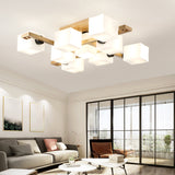 Nordic Style Rectangular Flush Mount Light White Glass Living Room Semi Flush Chandelier with Wood Canopy 9 White Clearhalo 'Ceiling Lights' 'Close To Ceiling Lights' 'Close to ceiling' 'Glass shade' 'Glass' 'Pendant Lights' 'Semi-flushmount' Lighting' 2235985