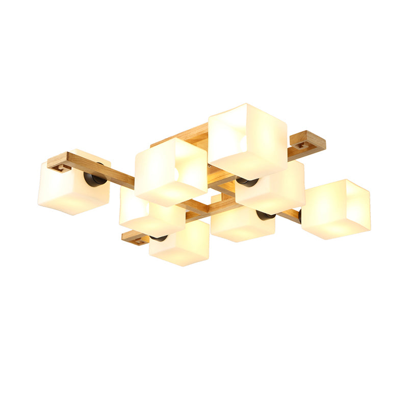 Nordic Style Rectangular Flush Mount Light White Glass Living Room Semi Flush Chandelier with Wood Canopy Clearhalo 'Ceiling Lights' 'Close To Ceiling Lights' 'Close to ceiling' 'Glass shade' 'Glass' 'Pendant Lights' 'Semi-flushmount' Lighting' 2235987