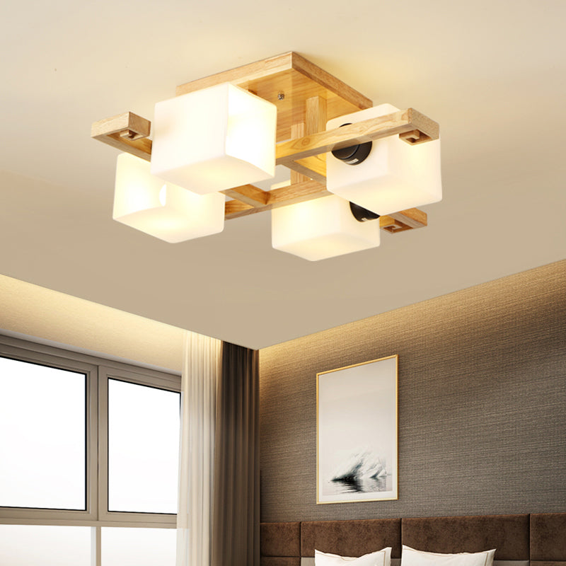 Nordic Style Rectangular Flush Mount Light White Glass Living Room Semi Flush Chandelier with Wood Canopy Clearhalo 'Ceiling Lights' 'Close To Ceiling Lights' 'Close to ceiling' 'Glass shade' 'Glass' 'Pendant Lights' 'Semi-flushmount' Lighting' 2235988
