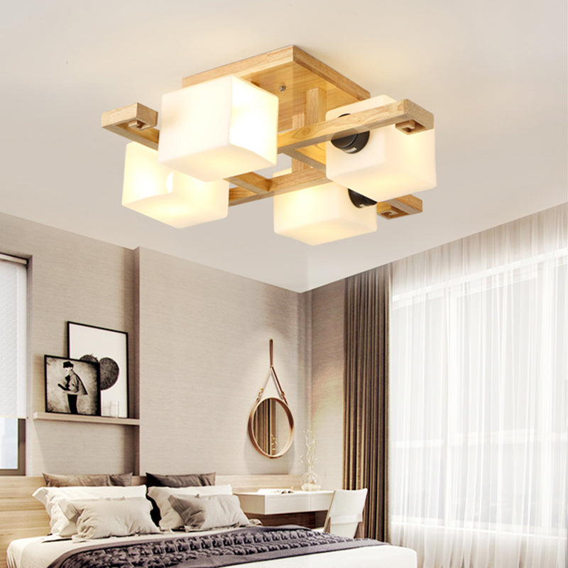 Nordic Style Rectangular Flush Mount Light White Glass Living Room Semi Flush Chandelier with Wood Canopy 4 White Clearhalo 'Ceiling Lights' 'Close To Ceiling Lights' 'Close to ceiling' 'Glass shade' 'Glass' 'Pendant Lights' 'Semi-flushmount' Lighting' 2235989