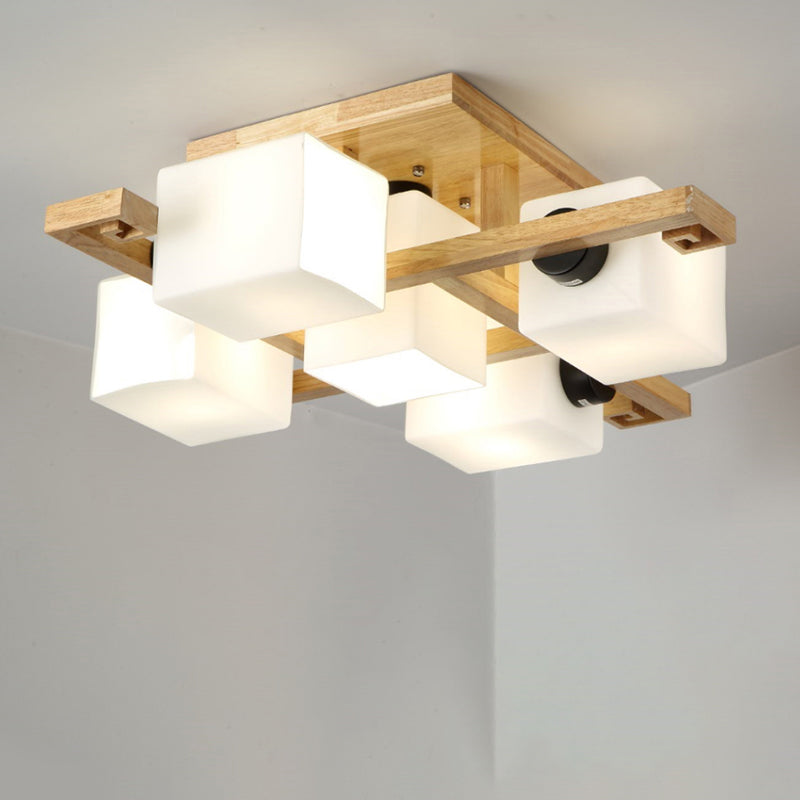 Nordic Style Rectangular Flush Mount Light White Glass Living Room Semi Flush Chandelier with Wood Canopy Clearhalo 'Ceiling Lights' 'Close To Ceiling Lights' 'Close to ceiling' 'Glass shade' 'Glass' 'Pendant Lights' 'Semi-flushmount' Lighting' 2235990