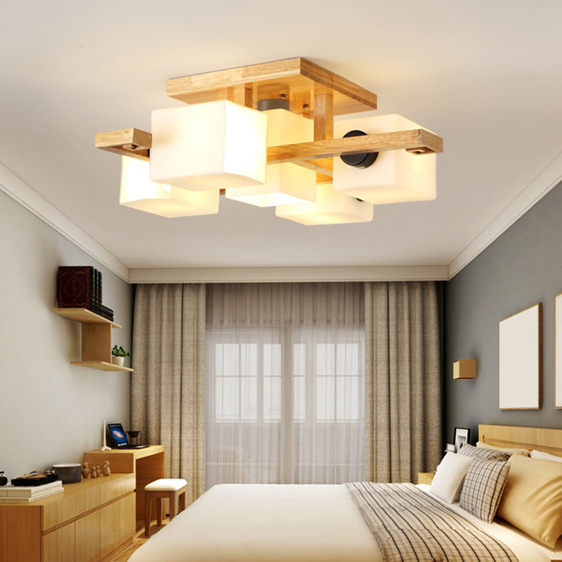 Nordic Style Rectangular Flush Mount Light White Glass Living Room Semi Flush Chandelier with Wood Canopy 5 White Clearhalo 'Ceiling Lights' 'Close To Ceiling Lights' 'Close to ceiling' 'Glass shade' 'Glass' 'Pendant Lights' 'Semi-flushmount' Lighting' 2235991