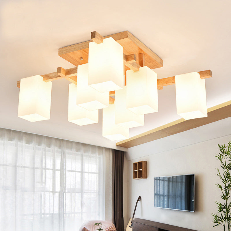 Square Semi Flush Light Modern Wood Living Room Flush Mount Ceiling Chandelier with Rectangle White Glass Shade 8 White Clearhalo 'Ceiling Lights' 'Close To Ceiling Lights' 'Close to ceiling' 'Glass shade' 'Glass' 'Pendant Lights' 'Semi-flushmount' Lighting' 2235992