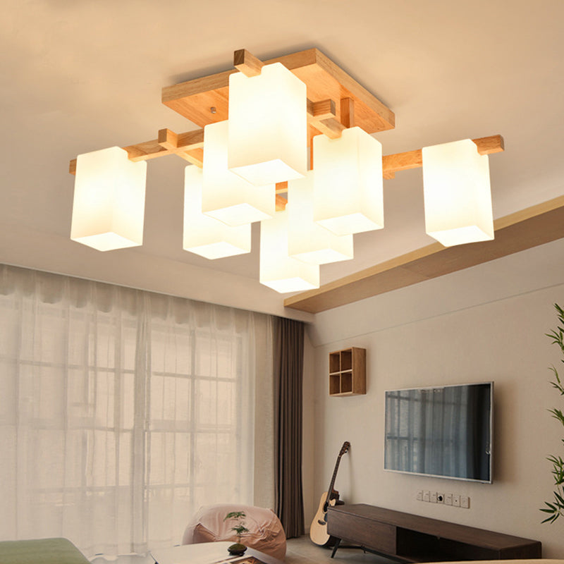 Square Semi Flush Light Modern Wood Living Room Flush Mount Ceiling Chandelier with Rectangle White Glass Shade Clearhalo 'Ceiling Lights' 'Close To Ceiling Lights' 'Close to ceiling' 'Glass shade' 'Glass' 'Pendant Lights' 'Semi-flushmount' Lighting' 2235993
