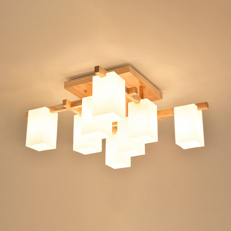 Square Semi Flush Light Modern Wood Living Room Flush Mount Ceiling Chandelier with Rectangle White Glass Shade Clearhalo 'Ceiling Lights' 'Close To Ceiling Lights' 'Close to ceiling' 'Glass shade' 'Glass' 'Pendant Lights' 'Semi-flushmount' Lighting' 2235994