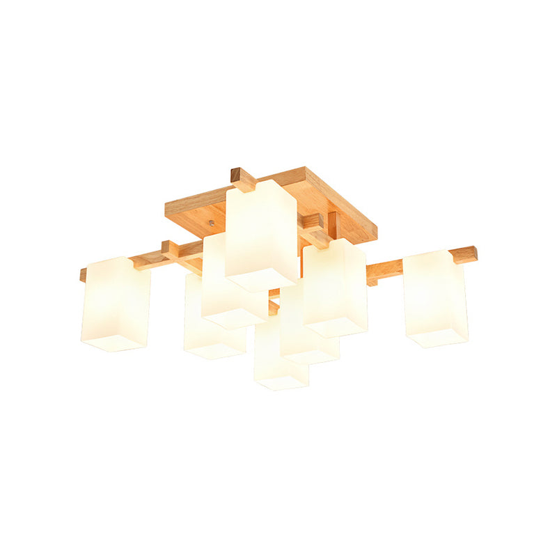 Square Semi Flush Light Modern Wood Living Room Flush Mount Ceiling Chandelier with Rectangle White Glass Shade Clearhalo 'Ceiling Lights' 'Close To Ceiling Lights' 'Close to ceiling' 'Glass shade' 'Glass' 'Pendant Lights' 'Semi-flushmount' Lighting' 2235995