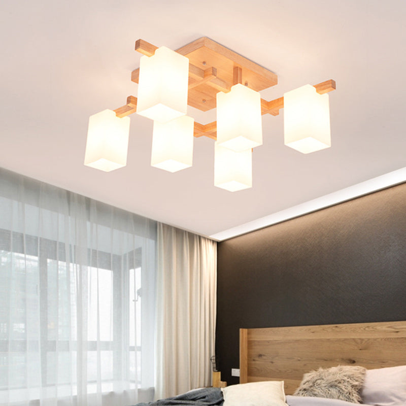 Square Semi Flush Light Modern Wood Living Room Flush Mount Ceiling Chandelier with Rectangle White Glass Shade 6 White Clearhalo 'Ceiling Lights' 'Close To Ceiling Lights' 'Close to ceiling' 'Glass shade' 'Glass' 'Pendant Lights' 'Semi-flushmount' Lighting' 2235996
