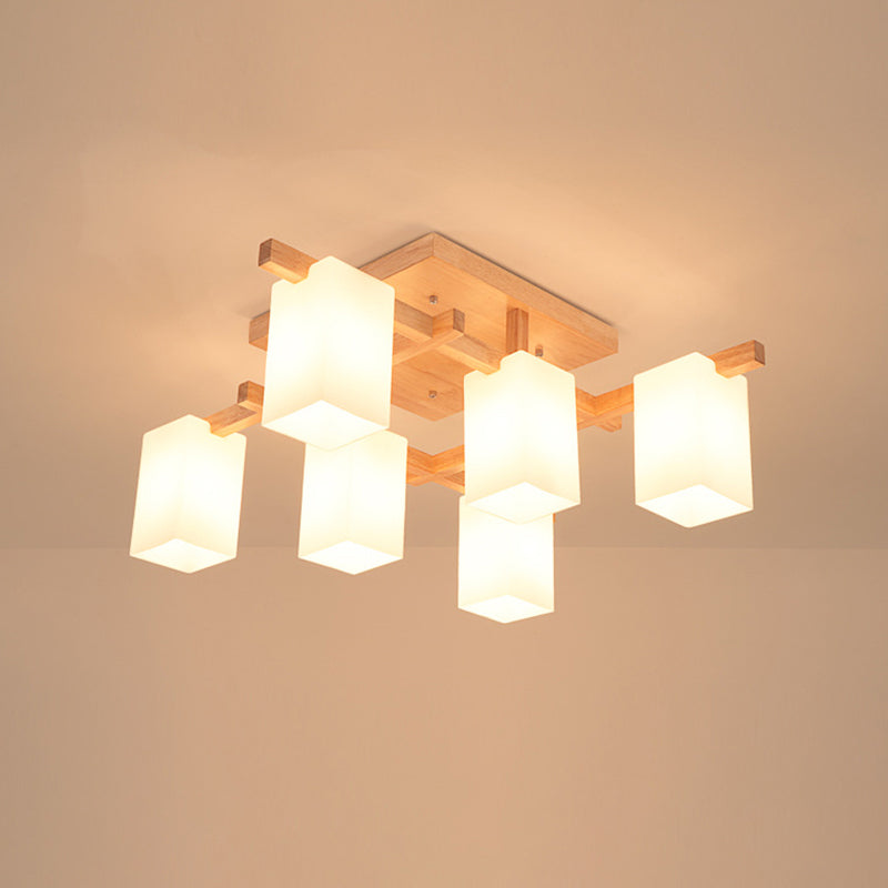 Square Semi Flush Light Modern Wood Living Room Flush Mount Ceiling Chandelier with Rectangle White Glass Shade Clearhalo 'Ceiling Lights' 'Close To Ceiling Lights' 'Close to ceiling' 'Glass shade' 'Glass' 'Pendant Lights' 'Semi-flushmount' Lighting' 2235997