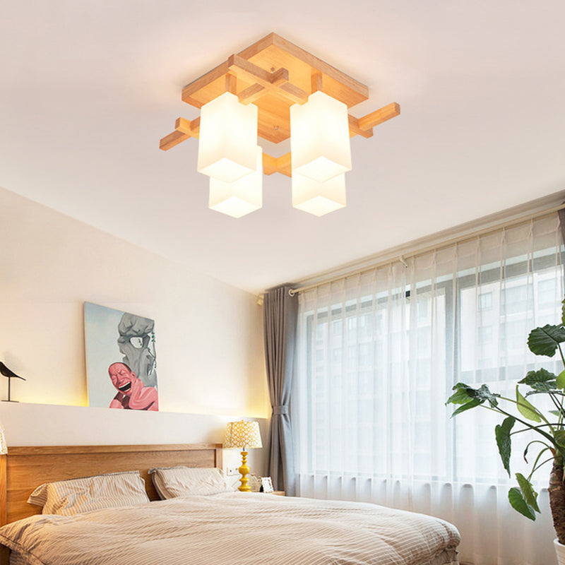 Square Semi Flush Light Modern Wood Living Room Flush Mount Ceiling Chandelier with Rectangle White Glass Shade 4 White Clearhalo 'Ceiling Lights' 'Close To Ceiling Lights' 'Close to ceiling' 'Glass shade' 'Glass' 'Pendant Lights' 'Semi-flushmount' Lighting' 2235998