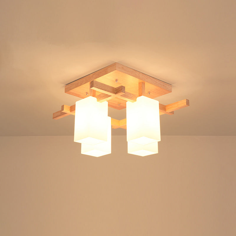 Square Semi Flush Light Modern Wood Living Room Flush Mount Ceiling Chandelier with Rectangle White Glass Shade Clearhalo 'Ceiling Lights' 'Close To Ceiling Lights' 'Close to ceiling' 'Glass shade' 'Glass' 'Pendant Lights' 'Semi-flushmount' Lighting' 2235999