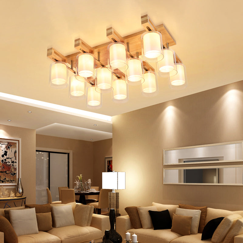 Cylindrical Living Room Semi Flush Light Double-Layer Glass Simplicity Flush Mount Ceiling Chandelier in Wood 12 Wood Clearhalo 'Ceiling Lights' 'Close To Ceiling Lights' 'Close to ceiling' 'Glass shade' 'Glass' 'Semi-flushmount' Lighting' 2236008