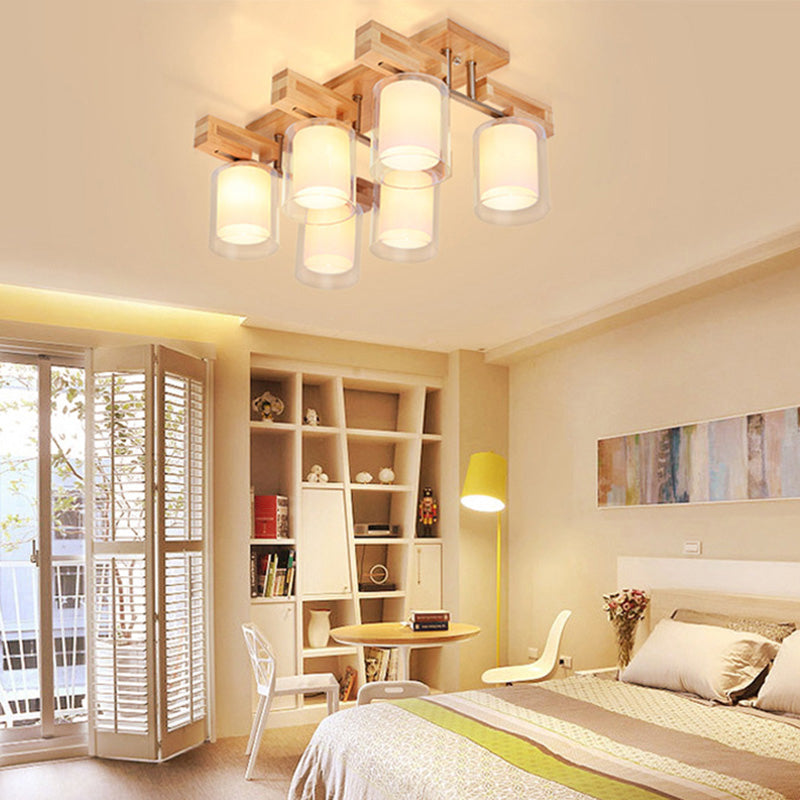 Cylindrical Living Room Semi Flush Light Double-Layer Glass Simplicity Flush Mount Ceiling Chandelier in Wood 6 Wood Clearhalo 'Ceiling Lights' 'Close To Ceiling Lights' 'Close to ceiling' 'Glass shade' 'Glass' 'Semi-flushmount' Lighting' 2236009