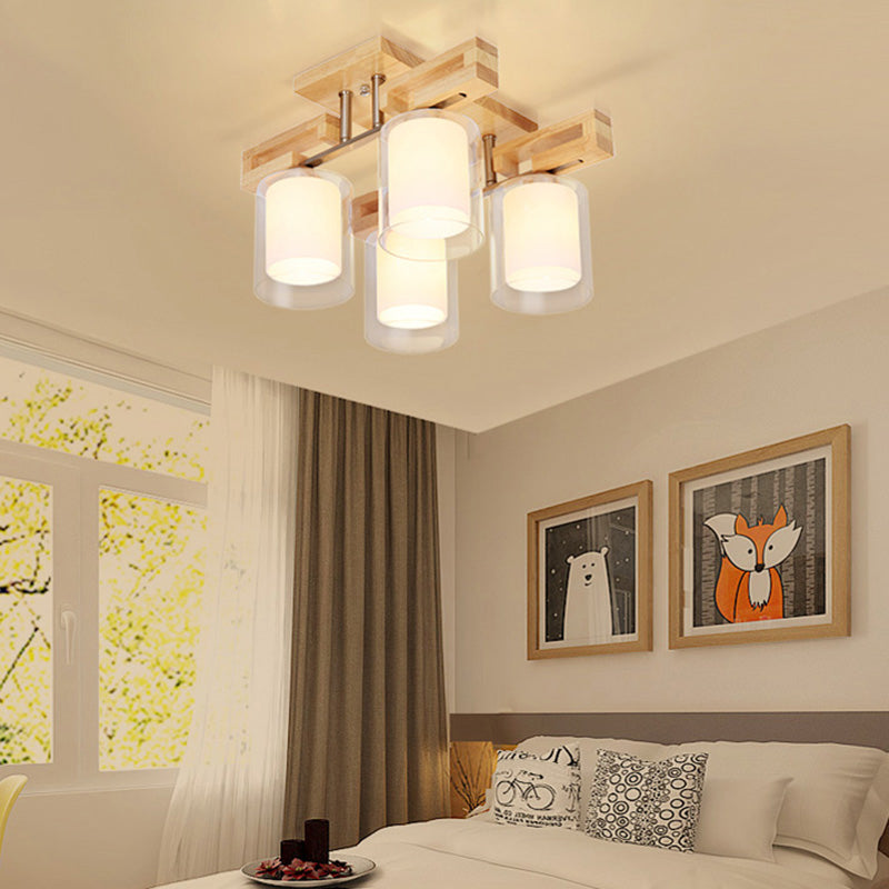 Cylindrical Living Room Semi Flush Light Double-Layer Glass Simplicity Flush Mount Ceiling Chandelier in Wood 4 Wood Clearhalo 'Ceiling Lights' 'Close To Ceiling Lights' 'Close to ceiling' 'Glass shade' 'Glass' 'Semi-flushmount' Lighting' 2236010