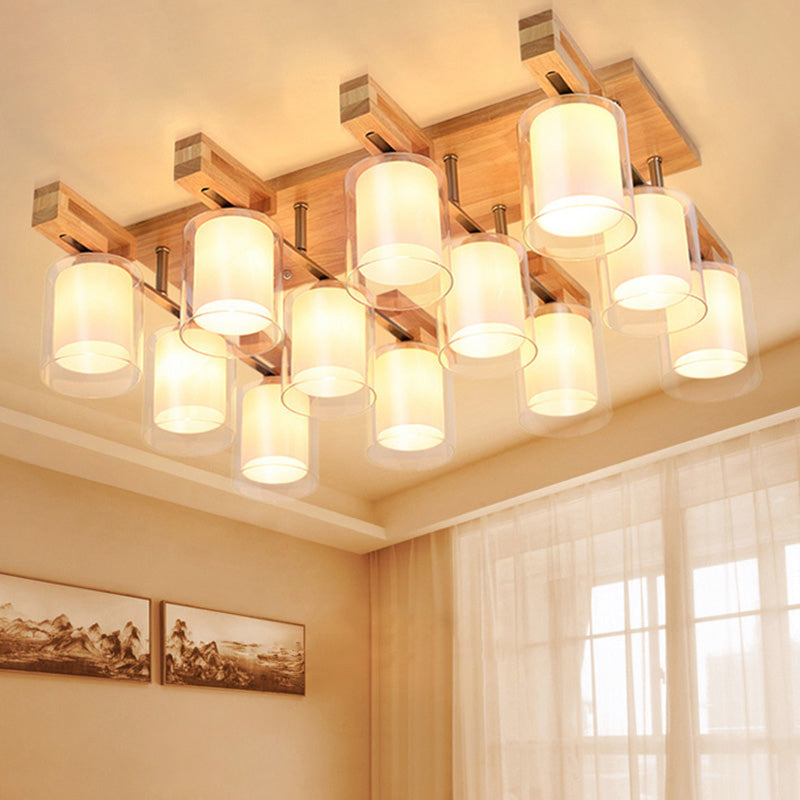 Cylindrical Living Room Semi Flush Light Double-Layer Glass Simplicity Flush Mount Ceiling Chandelier in Wood Clearhalo 'Ceiling Lights' 'Close To Ceiling Lights' 'Close to ceiling' 'Glass shade' 'Glass' 'Semi-flushmount' Lighting' 2236011