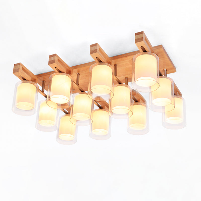 Cylindrical Living Room Semi Flush Light Double-Layer Glass Simplicity Flush Mount Ceiling Chandelier in Wood Clearhalo 'Ceiling Lights' 'Close To Ceiling Lights' 'Close to ceiling' 'Glass shade' 'Glass' 'Semi-flushmount' Lighting' 2236012