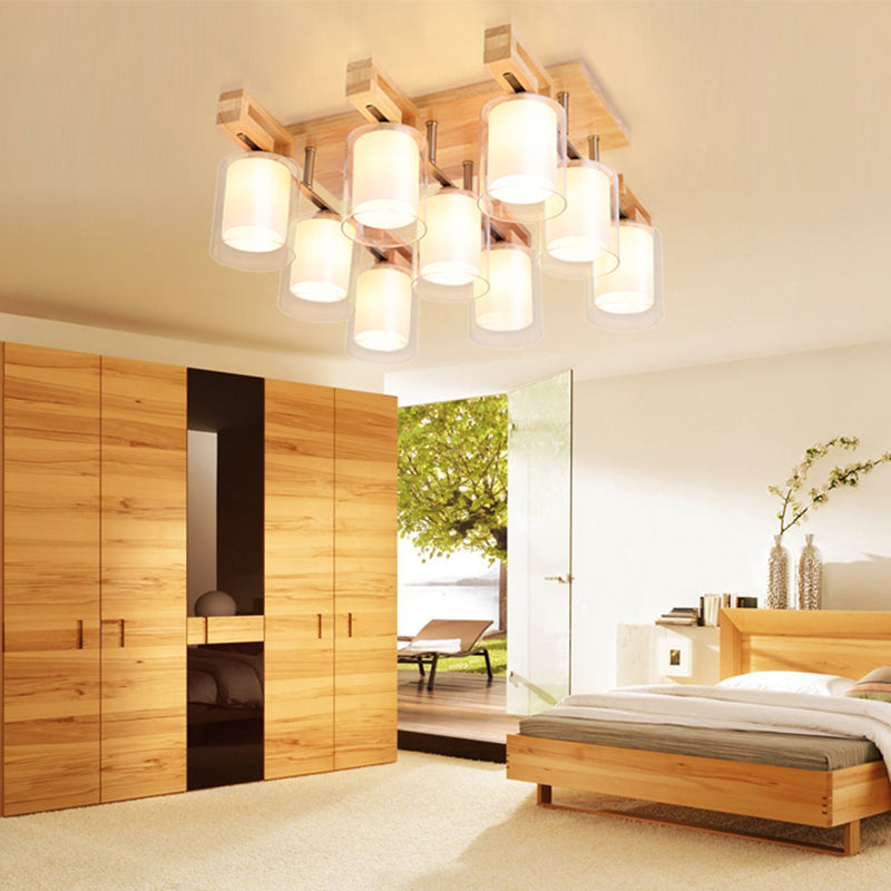 Cylindrical Living Room Semi Flush Light Double-Layer Glass Simplicity Flush Mount Ceiling Chandelier in Wood 9 Wood Clearhalo 'Ceiling Lights' 'Close To Ceiling Lights' 'Close to ceiling' 'Glass shade' 'Glass' 'Semi-flushmount' Lighting' 2236014