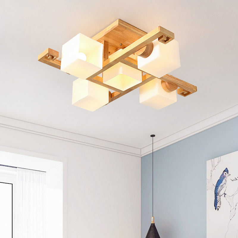 White Glass Cube Semi Flush Mount Nordic Flushmount Ceiling Light with Wooden Canopy Clearhalo 'Ceiling Lights' 'Close To Ceiling Lights' 'Close to ceiling' 'Glass shade' 'Glass' 'Semi-flushmount' Lighting' 2236029