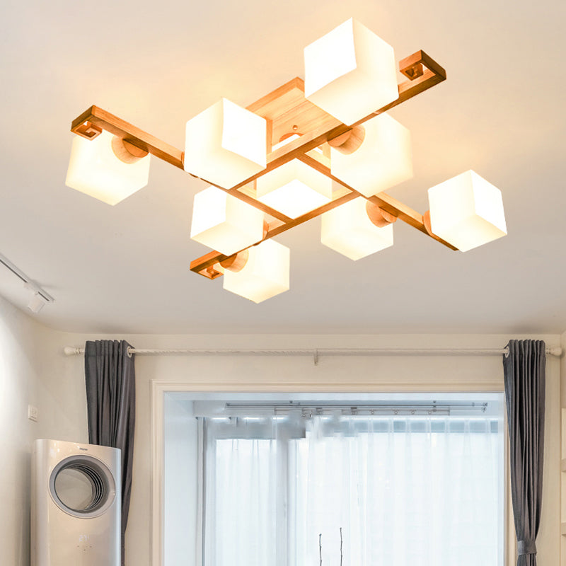 White Glass Cube Semi Flush Mount Nordic Flushmount Ceiling Light with Wooden Canopy Clearhalo 'Ceiling Lights' 'Close To Ceiling Lights' 'Close to ceiling' 'Glass shade' 'Glass' 'Semi-flushmount' Lighting' 2236034