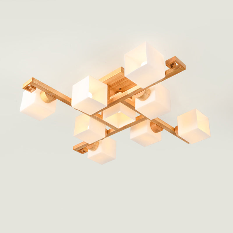 White Glass Cube Semi Flush Mount Nordic Flushmount Ceiling Light with Wooden Canopy Clearhalo 'Ceiling Lights' 'Close To Ceiling Lights' 'Close to ceiling' 'Glass shade' 'Glass' 'Semi-flushmount' Lighting' 2236035