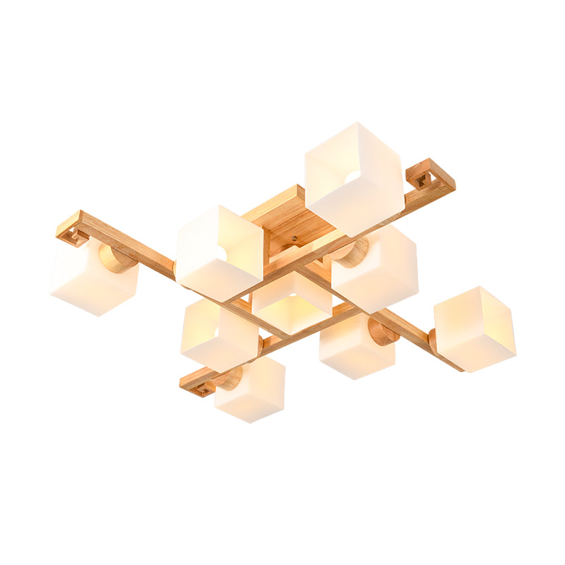 White Glass Cube Semi Flush Mount Nordic Flushmount Ceiling Light with Wooden Canopy Clearhalo 'Ceiling Lights' 'Close To Ceiling Lights' 'Close to ceiling' 'Glass shade' 'Glass' 'Semi-flushmount' Lighting' 2236036