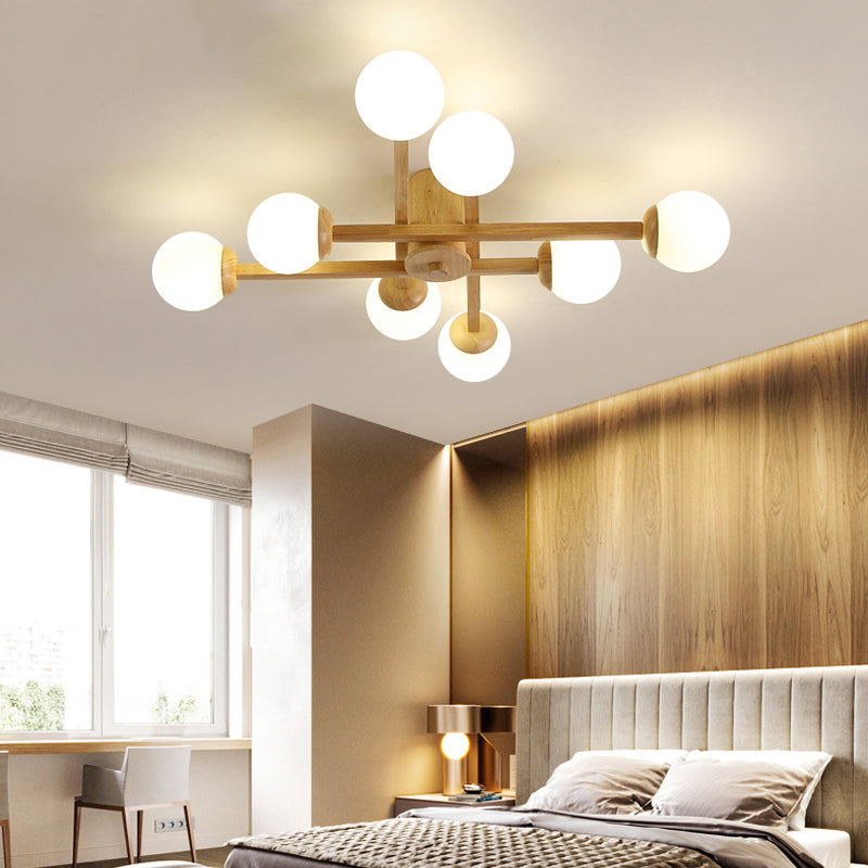 Modo Living Room Semi Flush Mount Opal Glass Simplicity Close To Ceiling Chandelier in Wood 8 Wood Clearhalo 'Ceiling Lights' 'Close To Ceiling Lights' 'Close to ceiling' 'Semi-flushmount' Lighting' 2236037