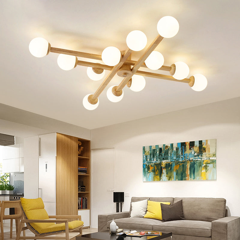 Modo Living Room Semi Flush Mount Opal Glass Simplicity Close To Ceiling Chandelier in Wood 12 Wood Clearhalo 'Ceiling Lights' 'Close To Ceiling Lights' 'Close to ceiling' 'Semi-flushmount' Lighting' 2236038
