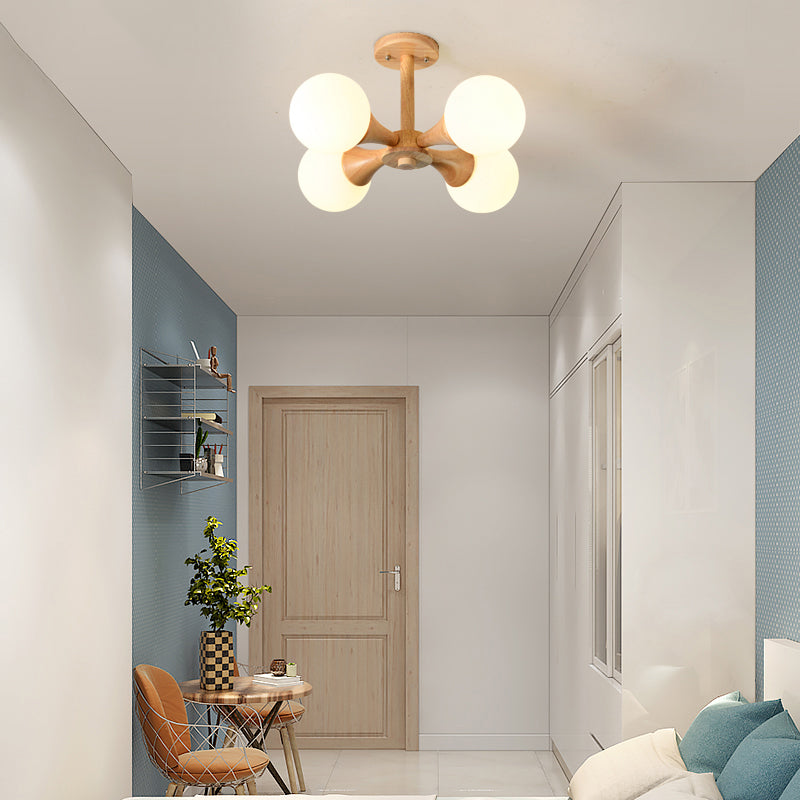 Nordic Style Ball Semi Flush Light White Glass Bedroom Flush Mount Ceiling Chandelier with Wood Canopy Clearhalo 'Ceiling Lights' 'Close To Ceiling Lights' 'Close to ceiling' 'Glass shade' 'Glass' 'Pendant Lights' 'Semi-flushmount' Lighting' 2236042